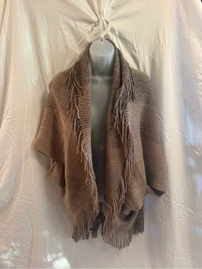 Fringed Knit Poncho Wrap - Taupe